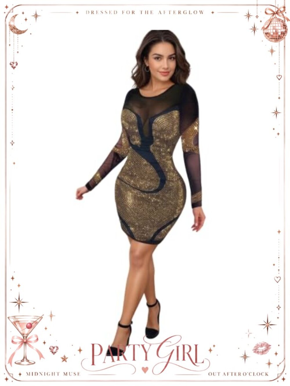 Rhinestone Sheer Mesh Patchwork Bodycon Club Dress Long Sleeve